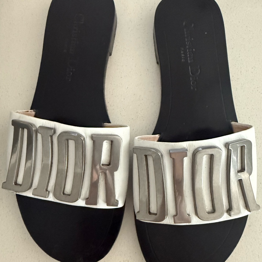 Dior Women's Black and White Metallic Logo Sandals